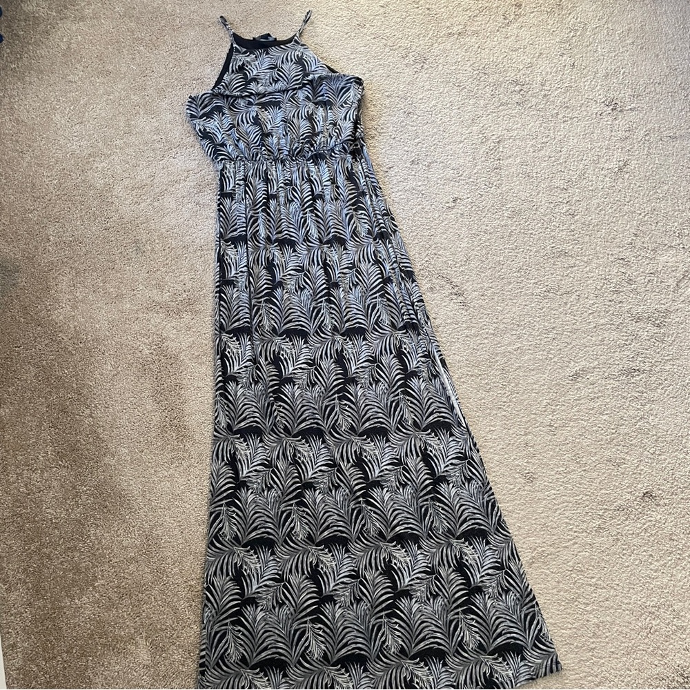 Gray and Black Palm Leaf Print Maxi Dress
